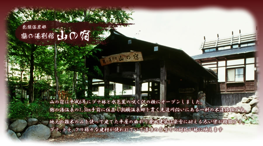 山の宿は平成6年にブナ林と水芭蕉の咲く沢の横にオープンしました。
鶴の湯温泉の1.5km手前に位置し乳頭温泉郷を貫く先達川沿いにある一軒の木造旅館です。地元の雑木のみを使って建てた平屋の曲がり屋風建築は豪雪に耐える太い梁が特徴です。
ブナ、トチ、クリ様々な建材が使われていて漆喰の白壁との対比が林に映えます